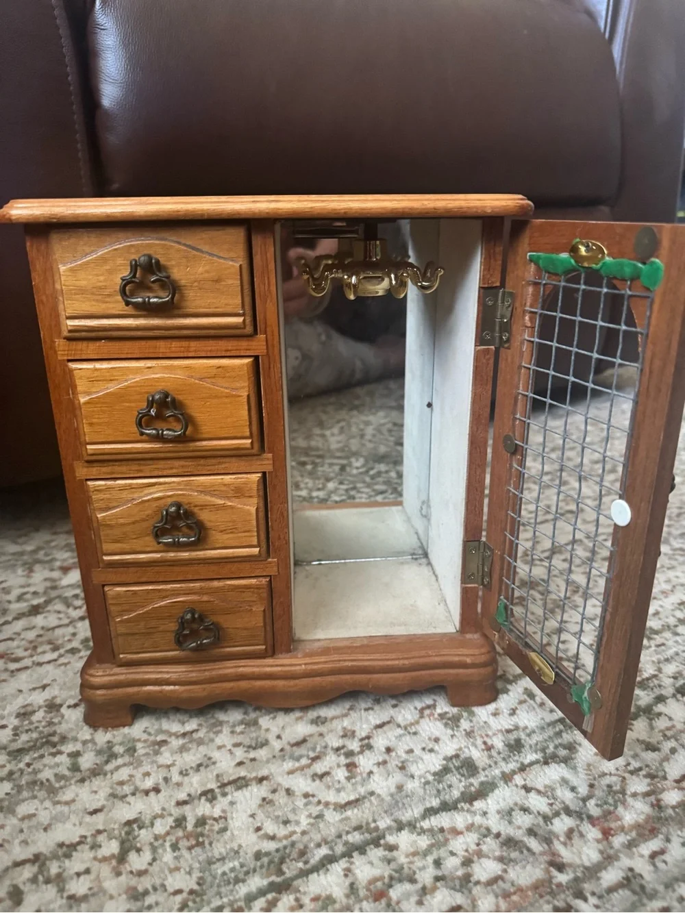 Brown Wooden Jewelry Cabinet with Mirrored Wire-Front Door